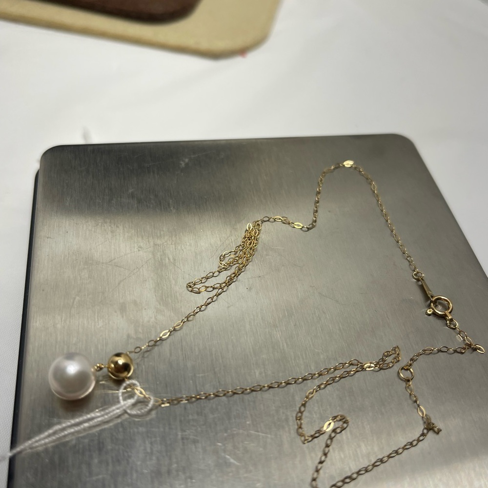 18 k Gold Necklace with 7 mm Akoya Pearl Pendant size 18 inches. - Picture 4 of 12